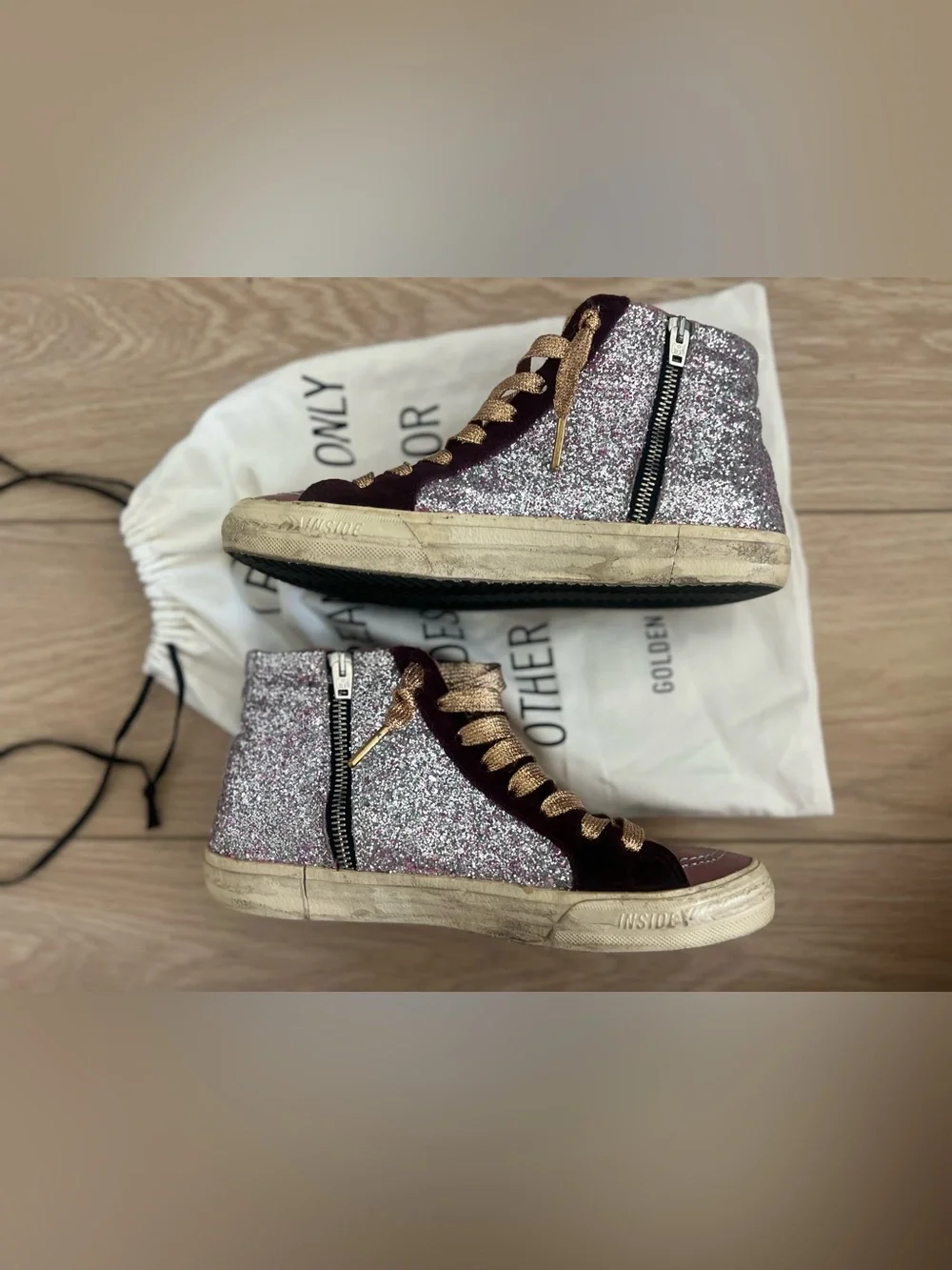Golden goose glitter slides pink gold burgundy size 40